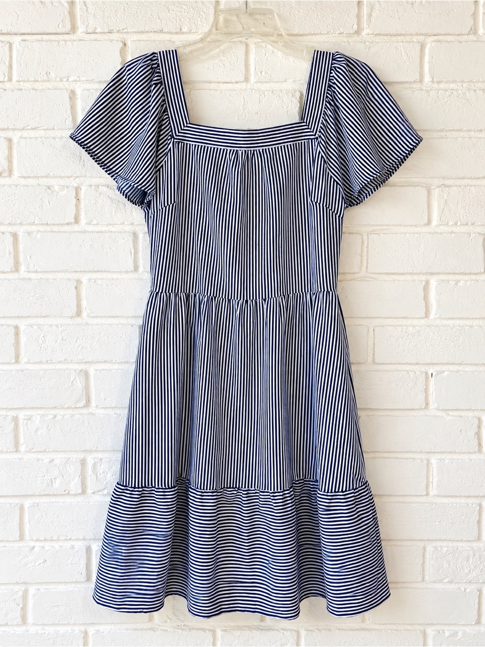 Monteau Los Angeles Navy White Striped Square Neck Midi Dress Size M